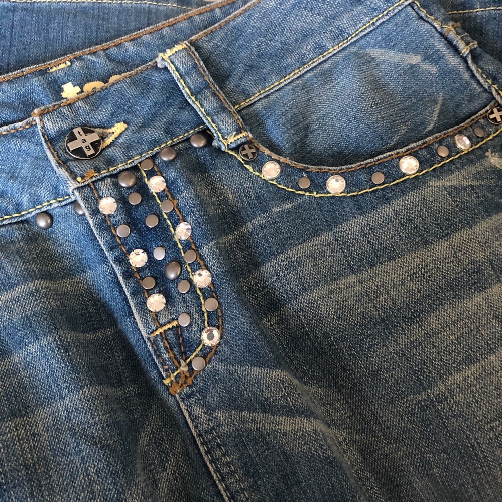 Y2K Tag Jeans Distressed Denim Skirt Rhinestone Studs Size 30
